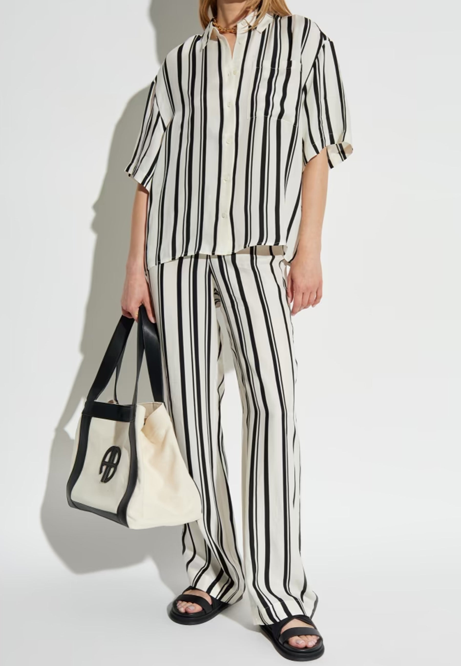 Coco Bluse | Ivory and Black Monogram Stripe