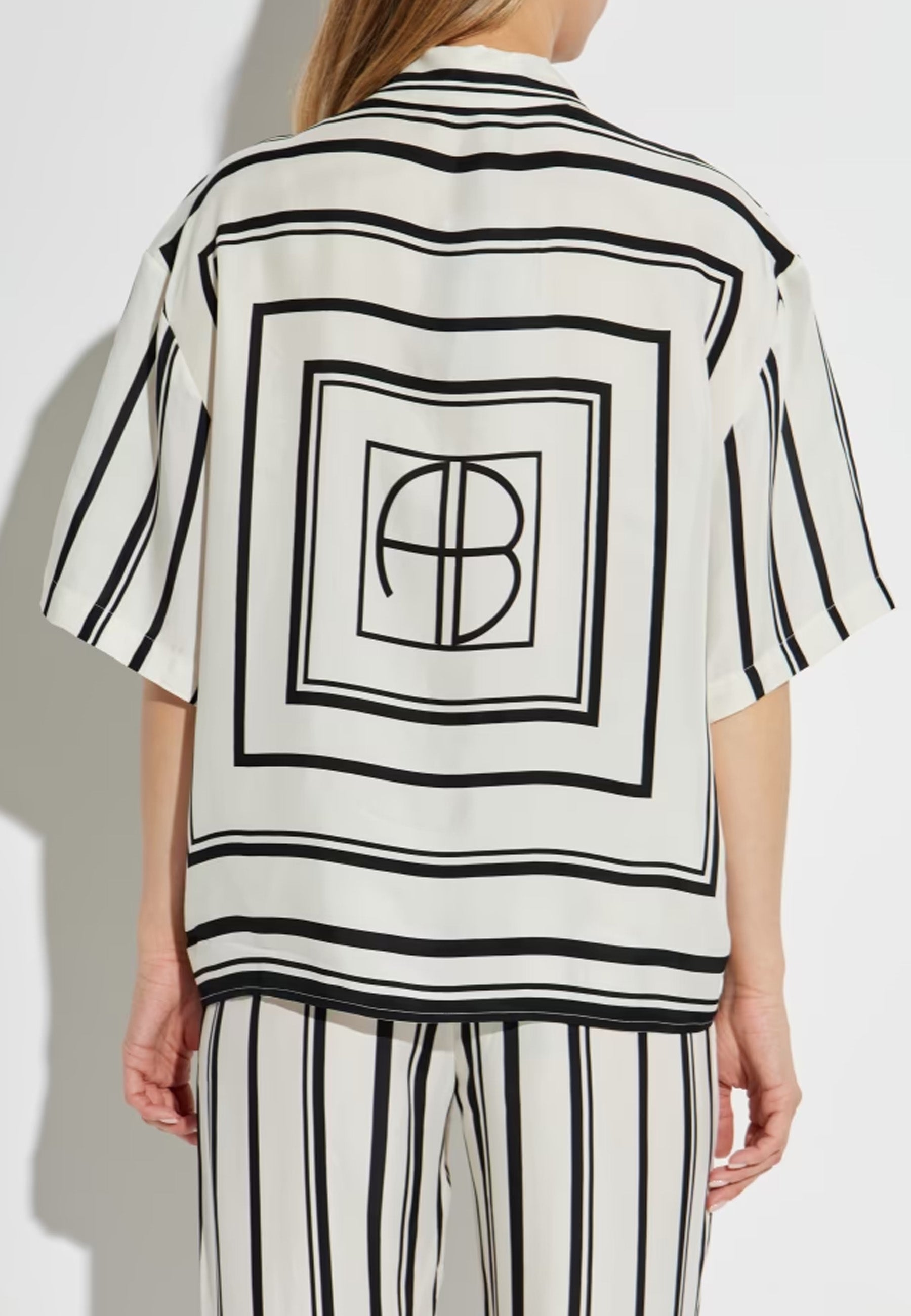 Coco Bluse | Ivory and Black Monogram Stripe