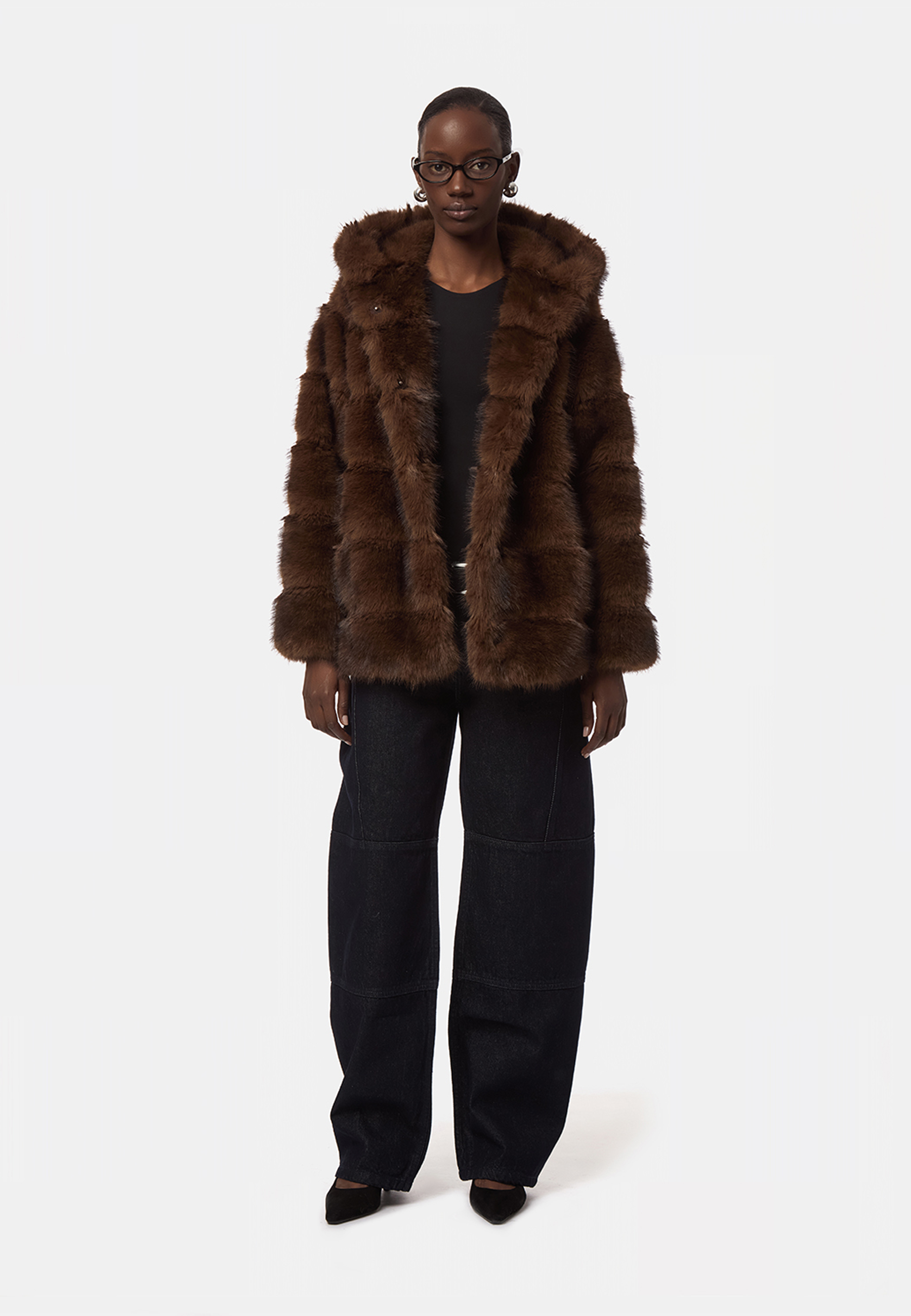 Cel Hooded Faux Fur Kurzmantel | Brown Mink