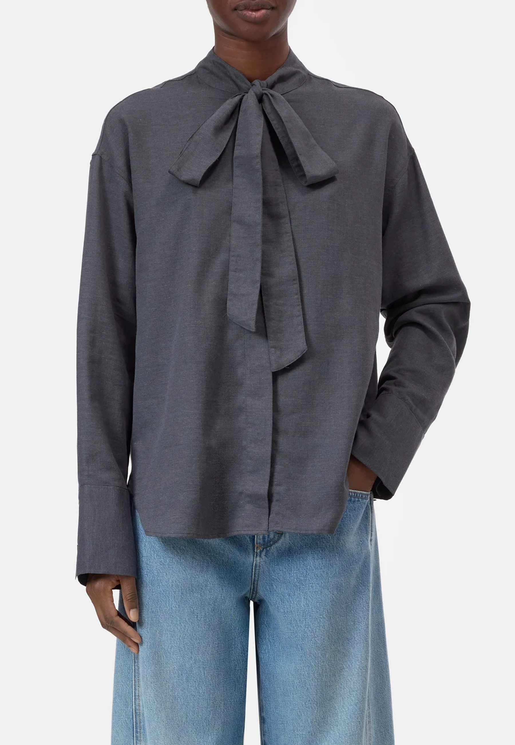 C94572 Bow Tie Bluse | Dark Grey Melange
