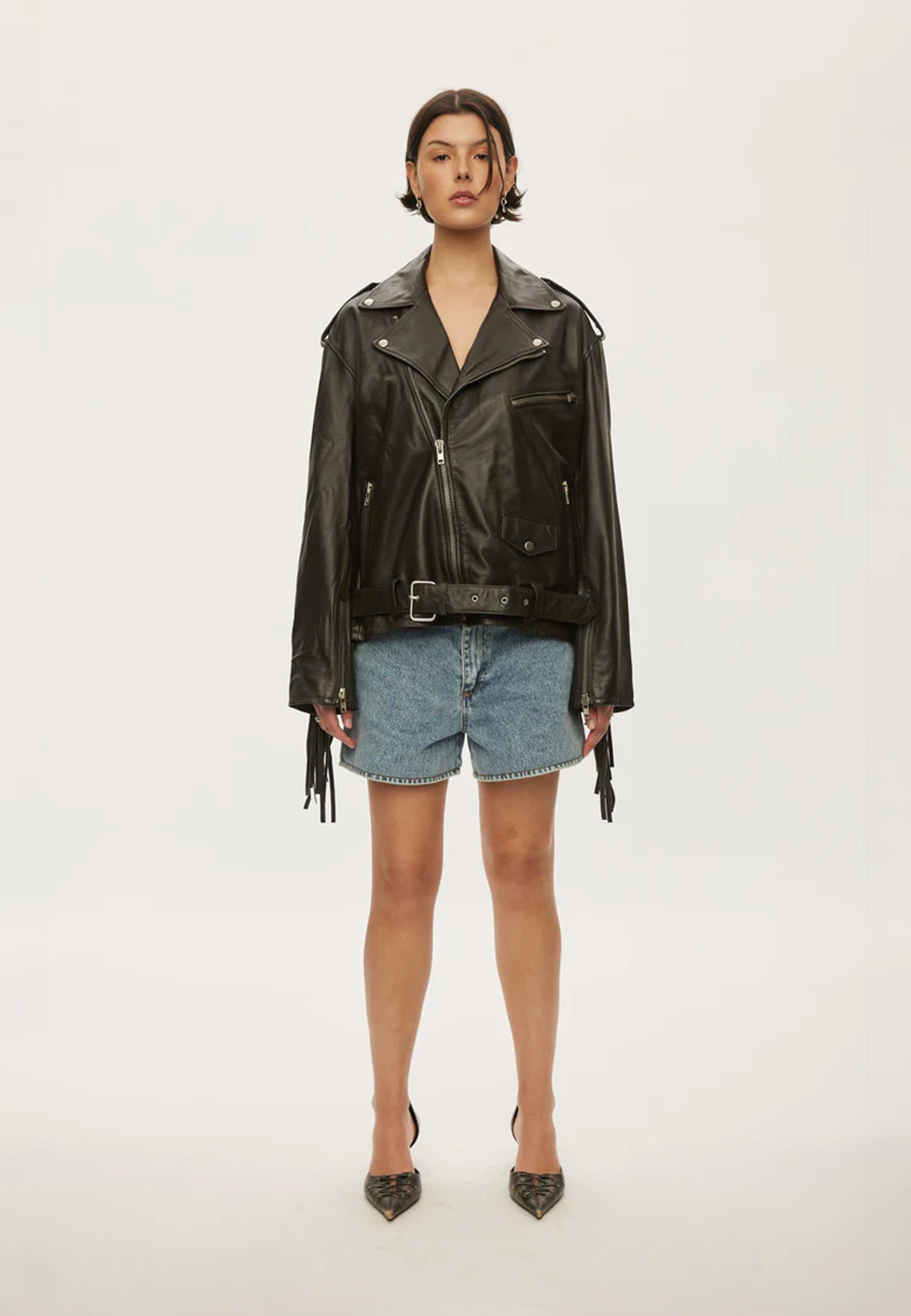 Fringe Leather Biker Jacke | Dark Oak