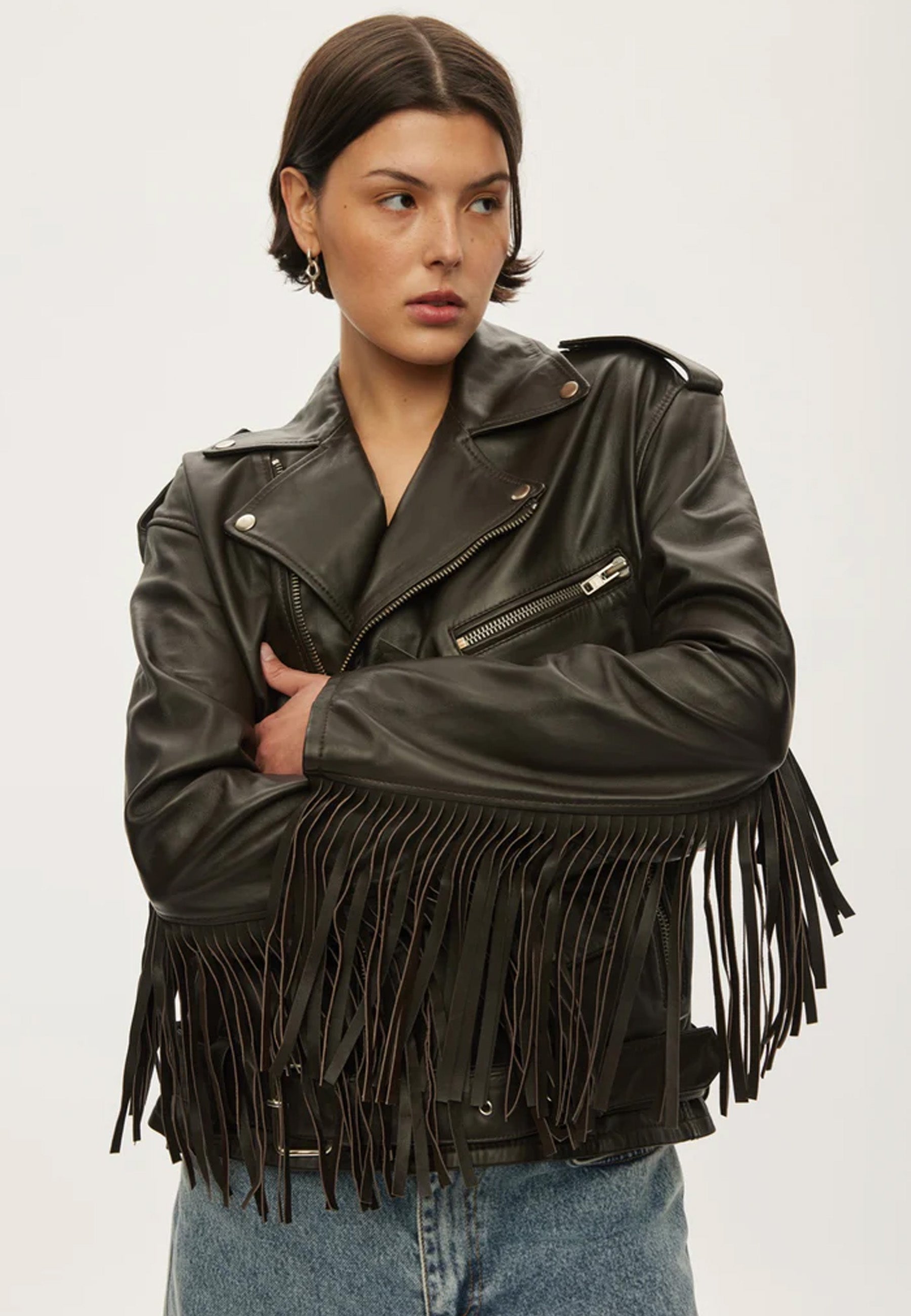 Fringe Leather Biker Jacke | Dark Oak