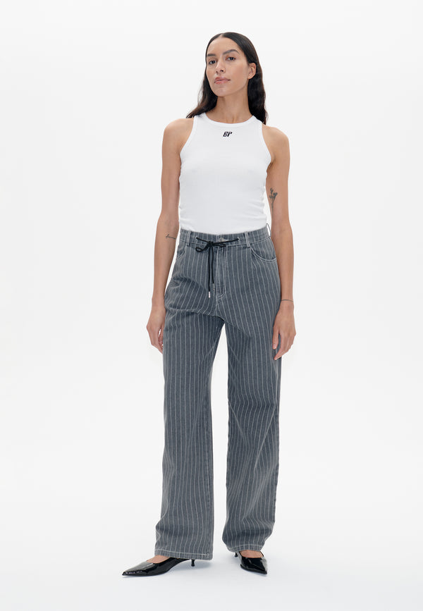 Nanny Pants | Grey Pinstripe Denim