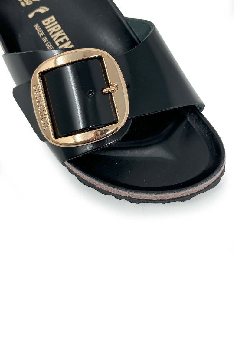 Madrid Big Buckle Mules | Black High Shine