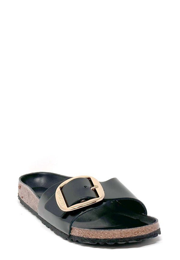 Madrid Big Buckle Mules | Black High Shine