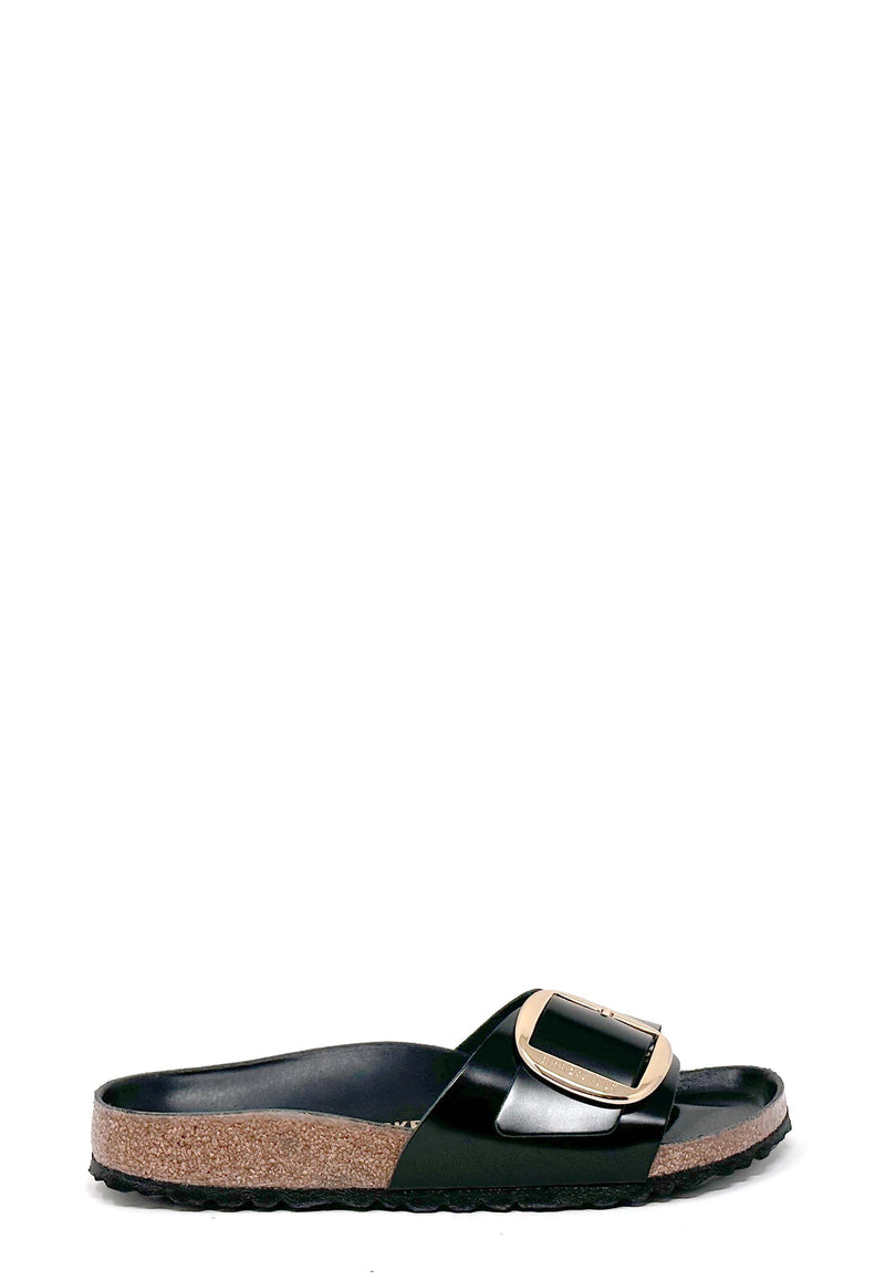 Madrid Big Buckle Mules | Black High Shine