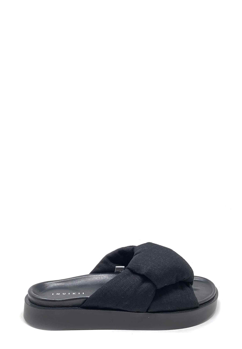 Oversized Linen Knot Mules | Black