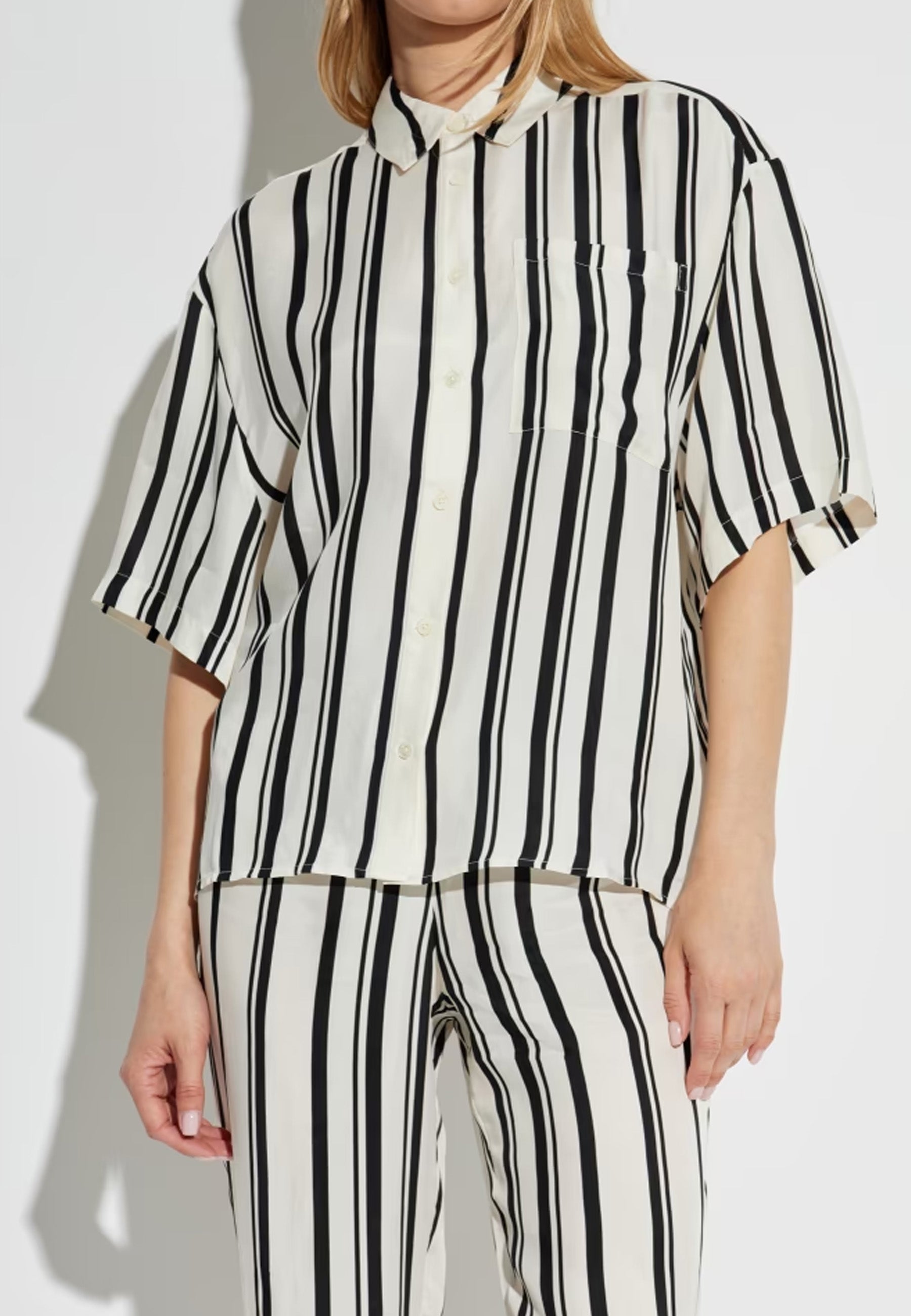 Coco Bluse | Ivory and Black Monogram Stripe