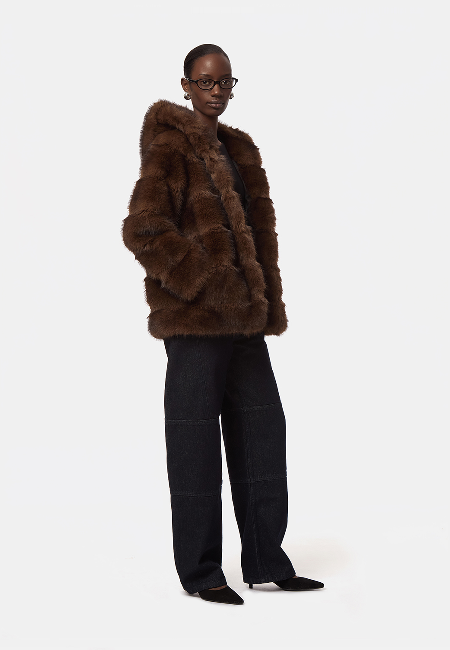 Cel Hooded Faux Fur Kurzmantel | Brown Mink