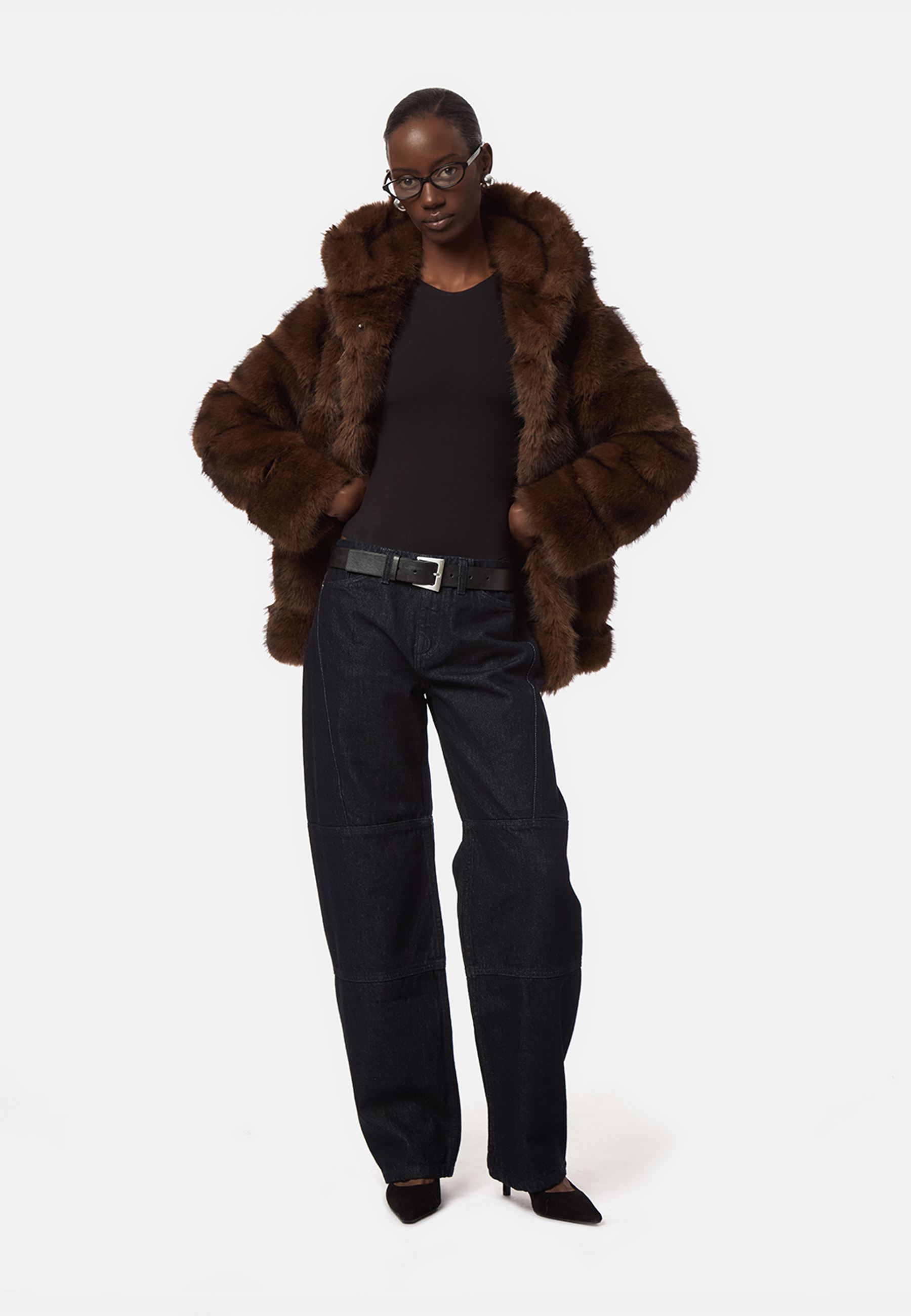 Cel Hooded Faux Fur Kurzmantel | Brown Mink