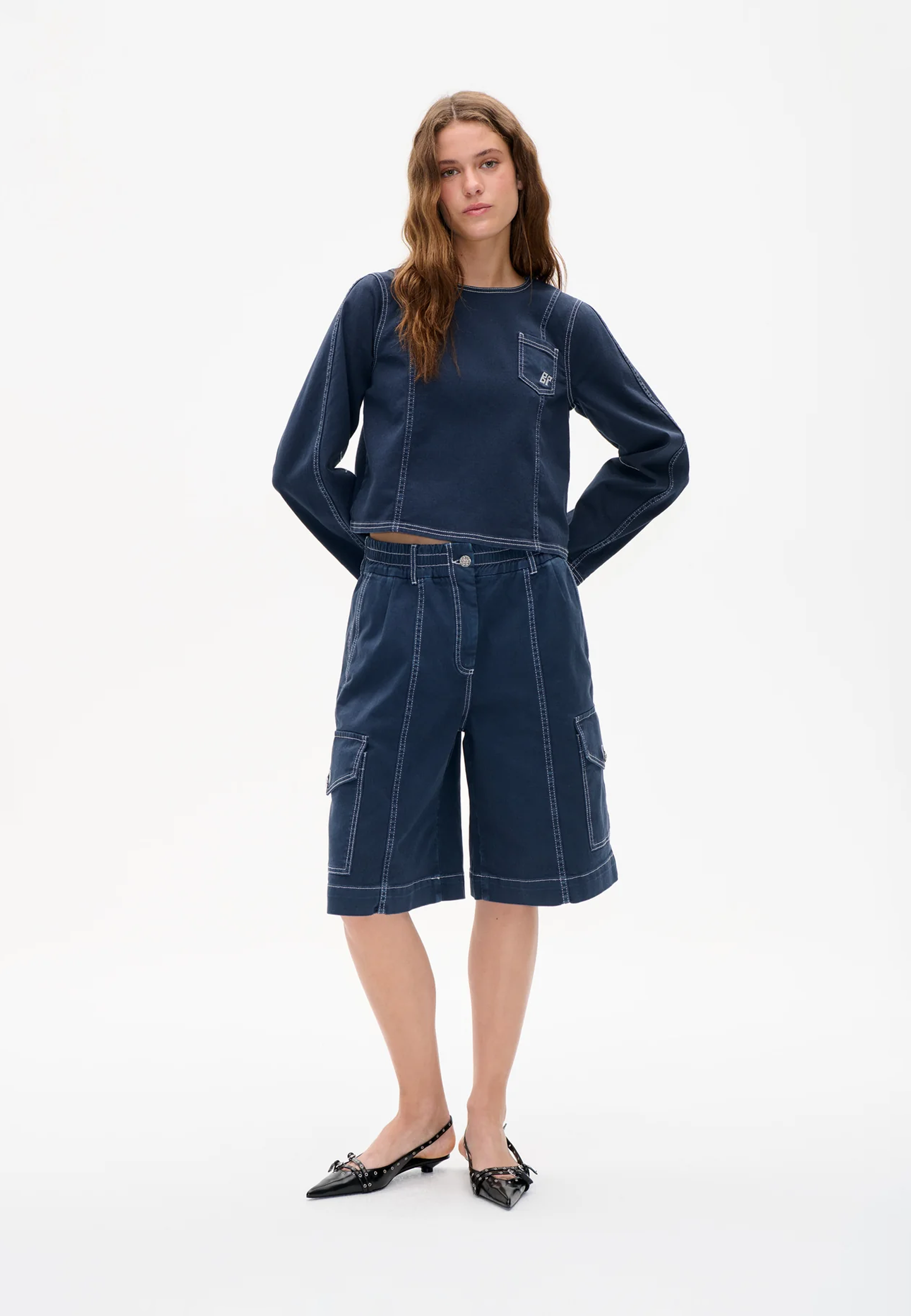 Neeto Wide Leg Fit Bermuda | Total Eclipse Blue