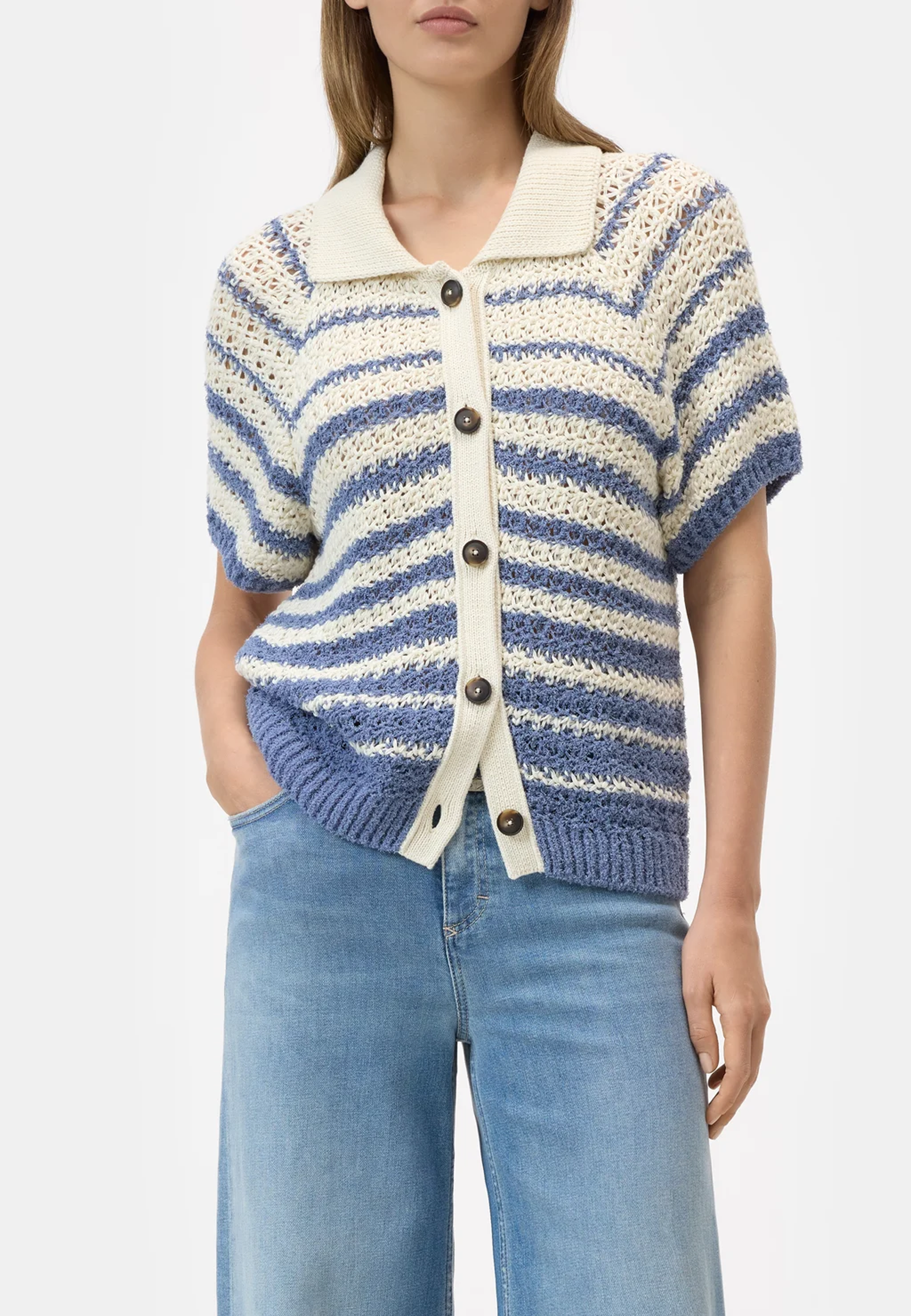 C96740 Short Sleeve Polo Cardigan | Stone Blue