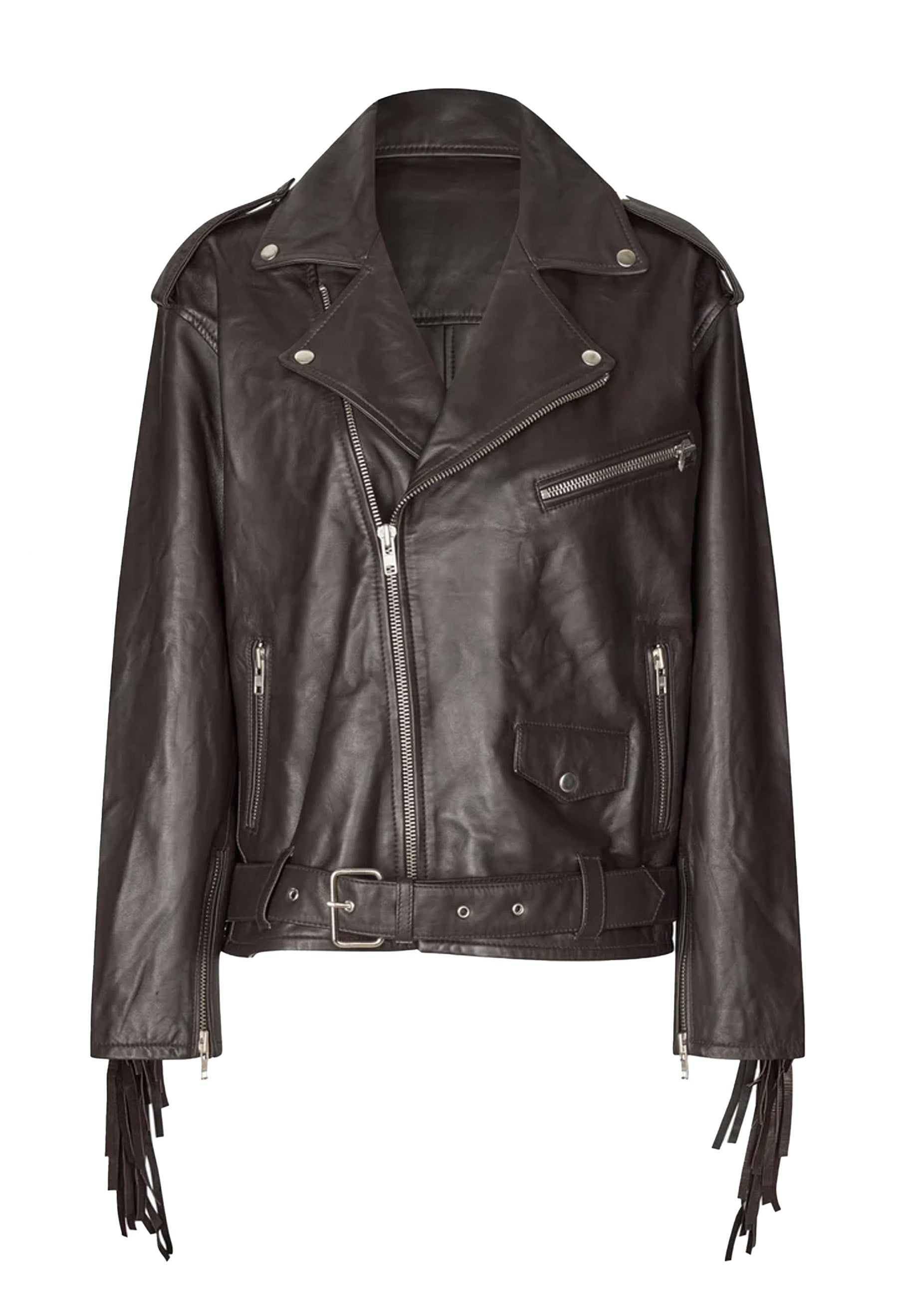 Fringe Leather Biker Jacke | Dark Oak