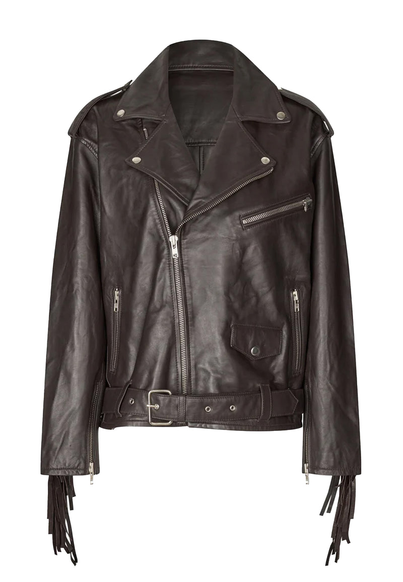 Fringe Leather Biker Jacke | Dark Oak