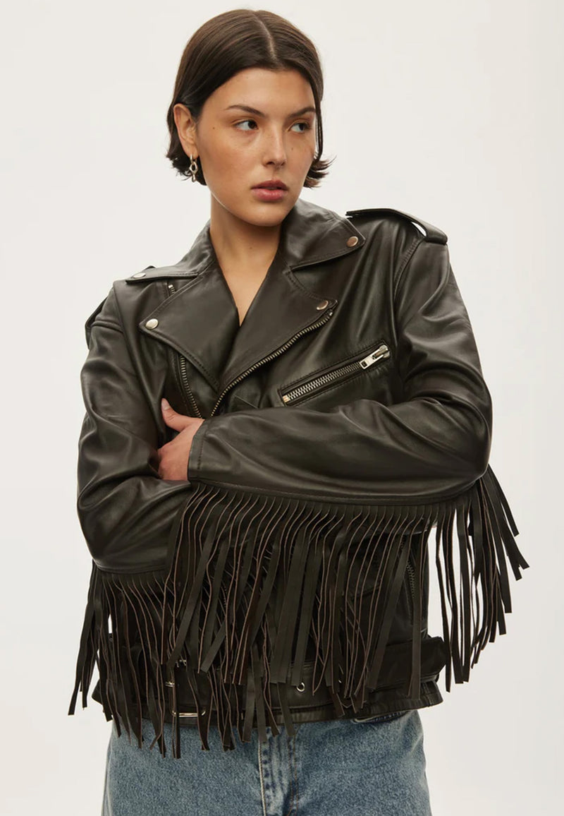 Fringe Leather Biker Jacke | Dark Oak