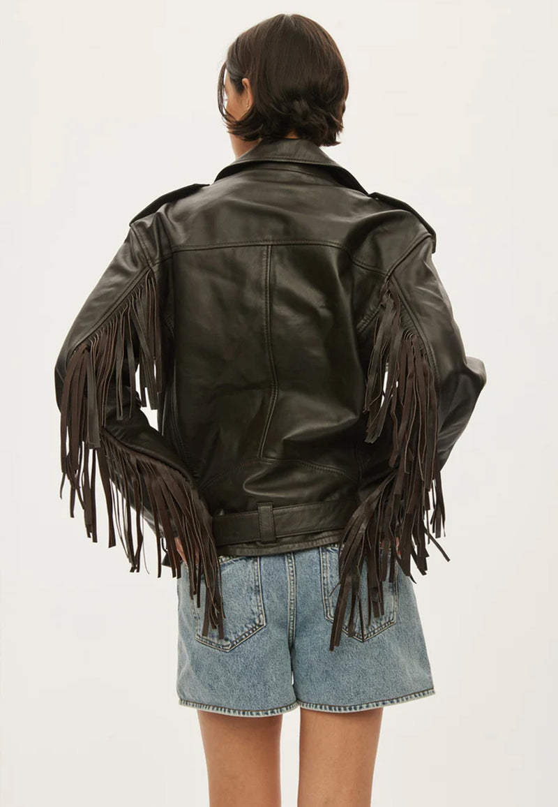 Fringe Leather Biker Jacke | Dark Oak