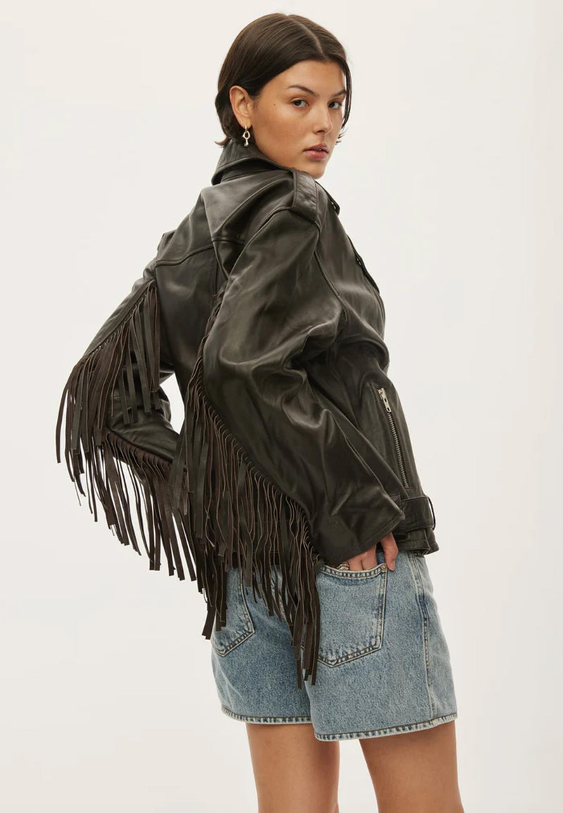 Fringe Leather Biker Jacke | Dark Oak
