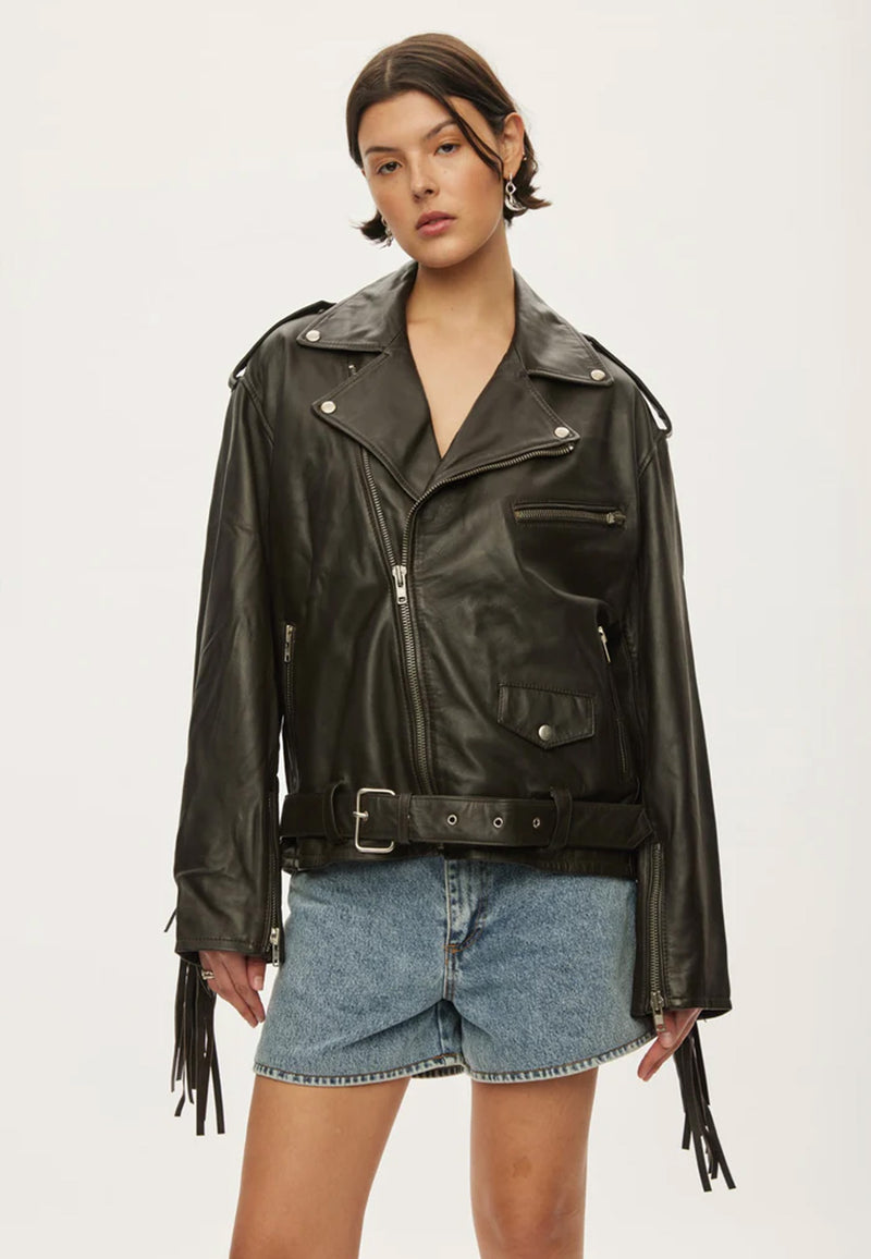 Fringe Leather Biker Jacke | Dark Oak