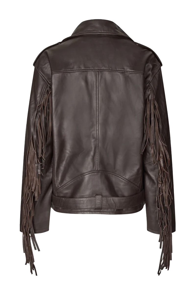 Fringe Leather Biker Jacke | Dark Oak