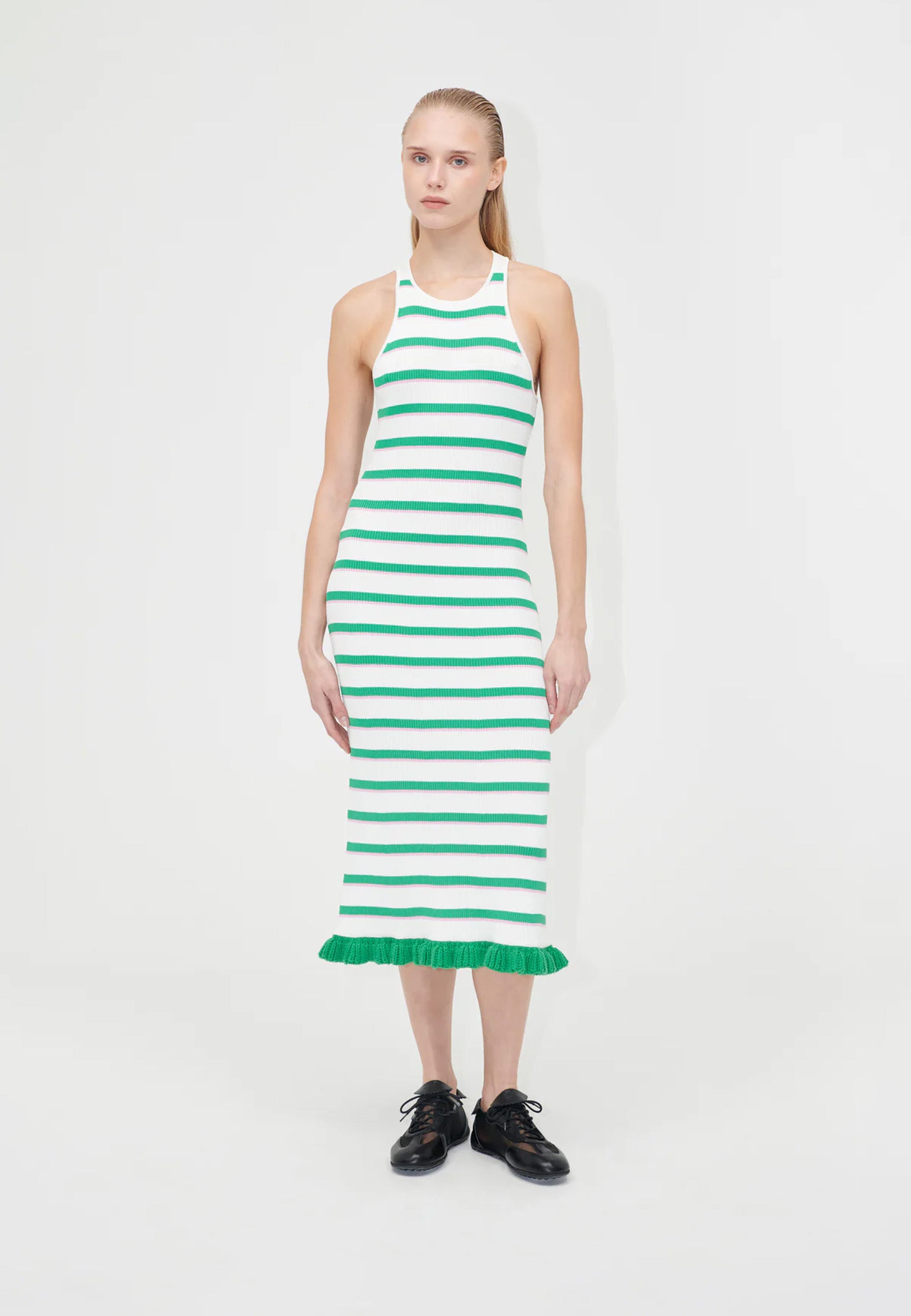 D147-2383 Strickkleid | Green and Pink Stripes