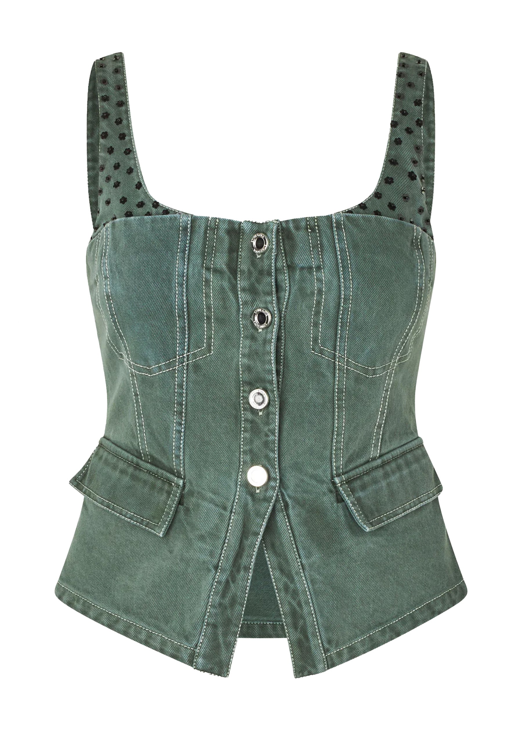 T083-2393 Denim Top | Dark Green