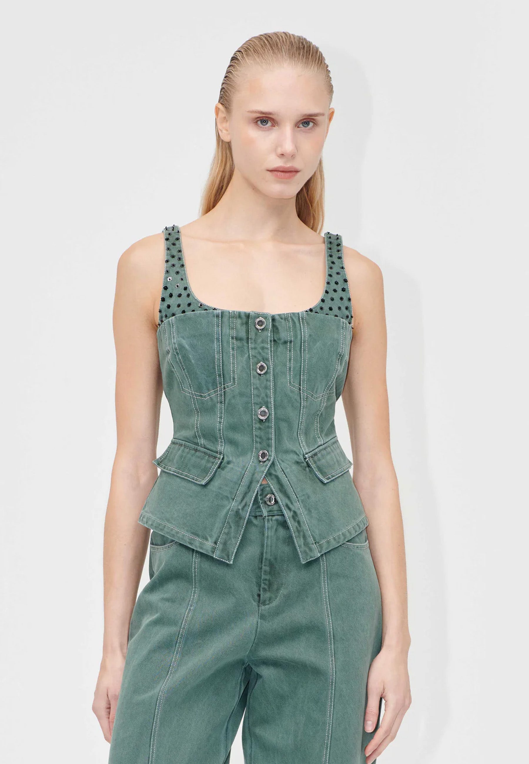 T083-2393 Denim Top | Dark Green