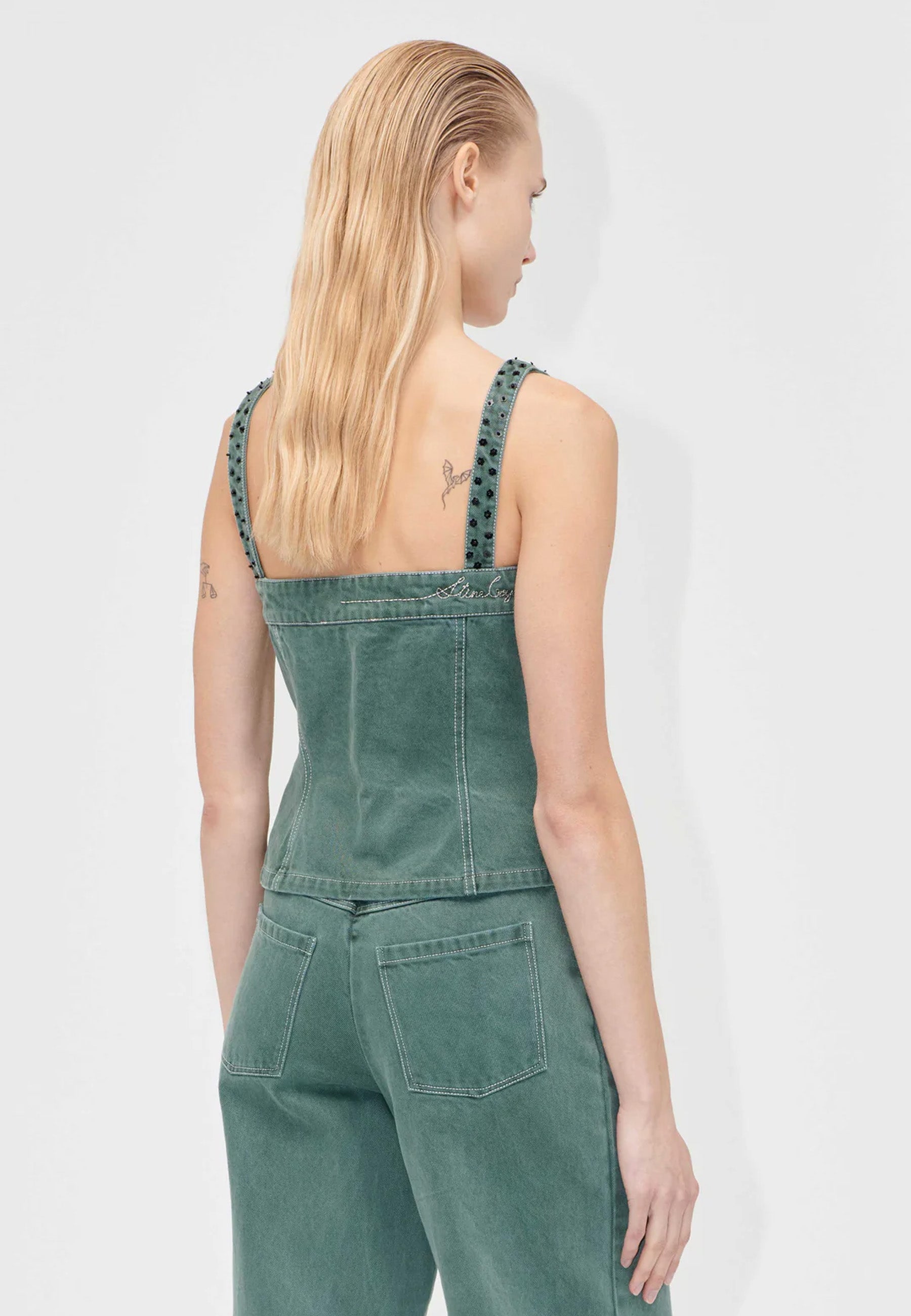 T083-2393 Denim Top | Dark Green