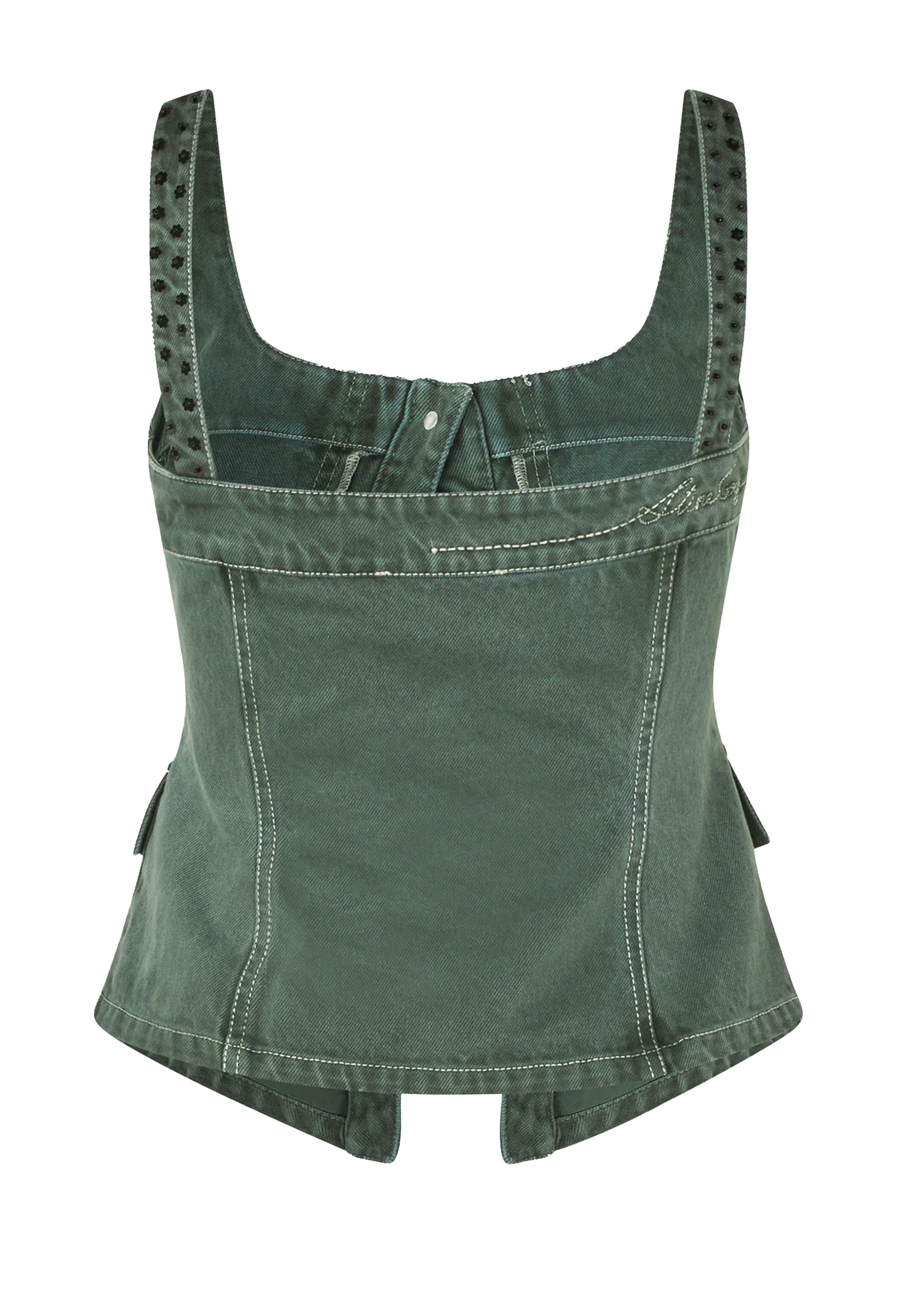 T083-2393 Denim Top | Dark Green
